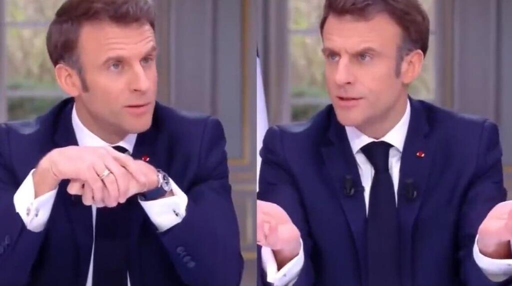 Le président français Emmanuel Macron interviewe la réforme des retraites La montre de luxe France au poignet a disparu