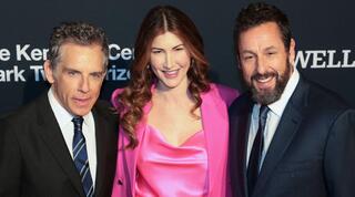 Adam Sandler, far right, and his wife Jackie Sandler pose with actor Ben Stiller as they arrive for the 24th Annual Mark Twain Prize for American Humor 