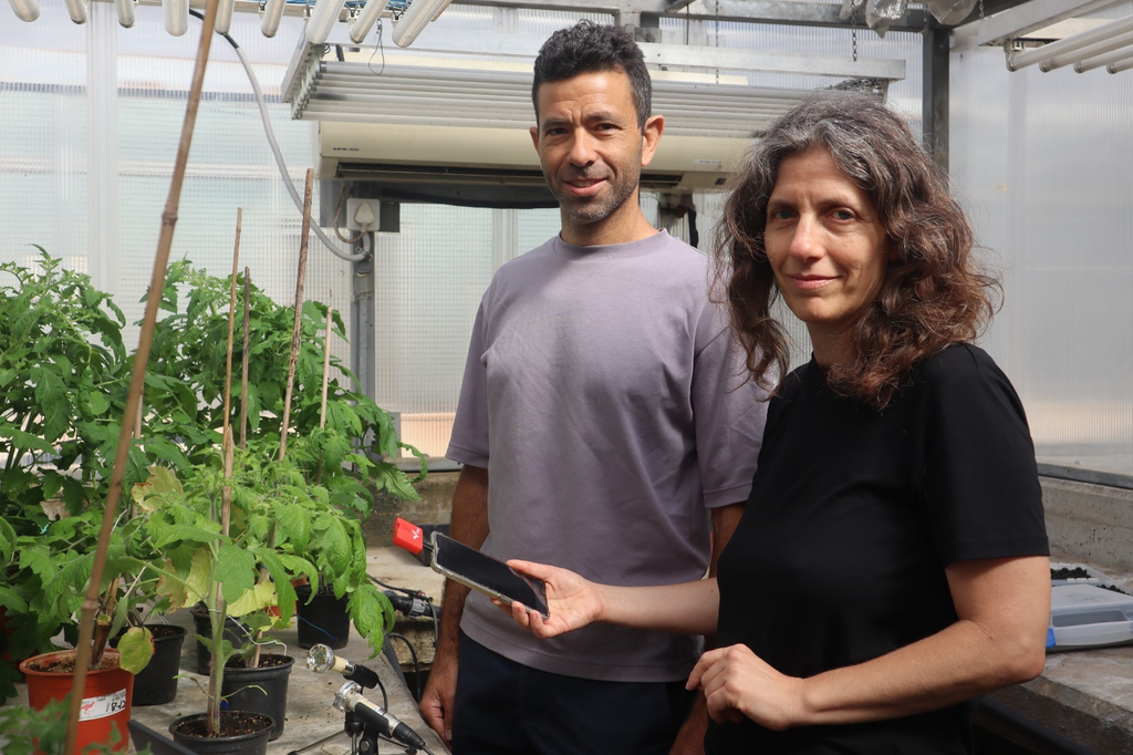 Prof. Hadani et Prof. Yuval avec des plantes parlantes