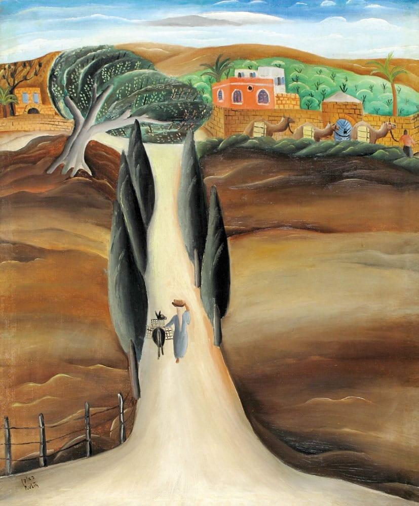 אישה ערבייה וחמור צועדים כשגבם מופנה לצופה. הציור "שיח מוניס, 1924-1923" של ראובן רובין (צילום: באדיבות בית המכירות תירוש) יצירתו של ראובן רובין, "שיח מוניס" (1924-1923)