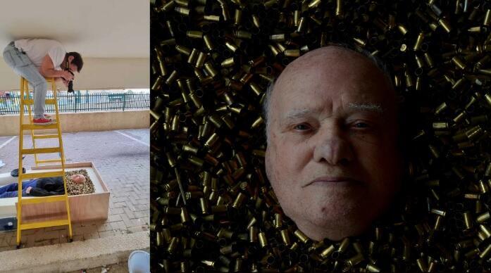 Left; Photographer Erez Kaganovitz at work on his Humans of the Holocaust project. (Courtesy of Erez Kaganovitz); Right: Portrait of Michael Sidko, the last survivor of the Babyn Yar massacre, surrounded by bullets 