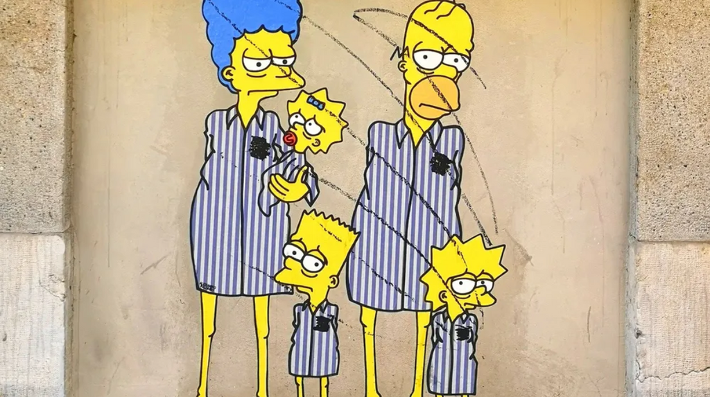 Characters from The Simpsons painted by aleXsandro Palombo, vandalized, on the outside of Milan's central train station 