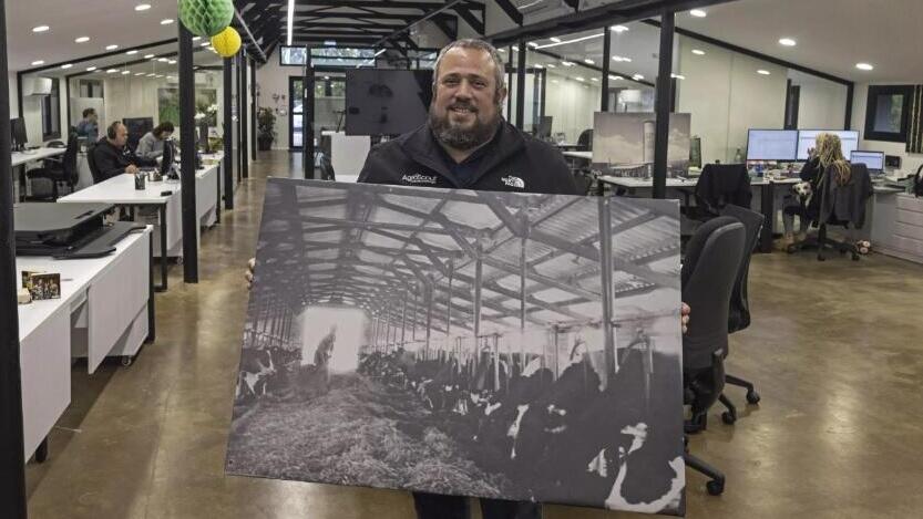 Simcha Shore, founder and head of the agronomy tech company AgroScout, poses in the old barn of the Yiron kibbutz which now serves as the headquarters of his company 