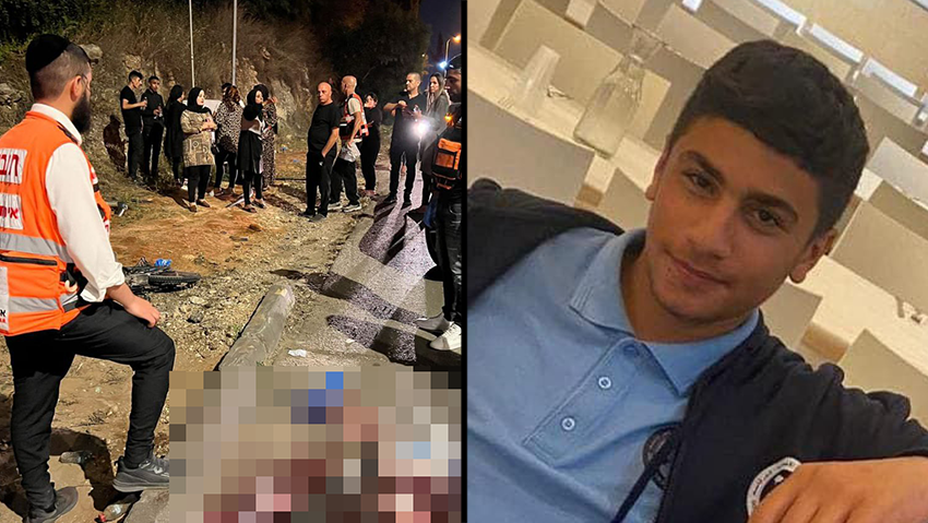 הנער ליית עלי פריג' וזירת התאונה (צילום: איחוד הצלה) זירת הפגע וברח בראש העין