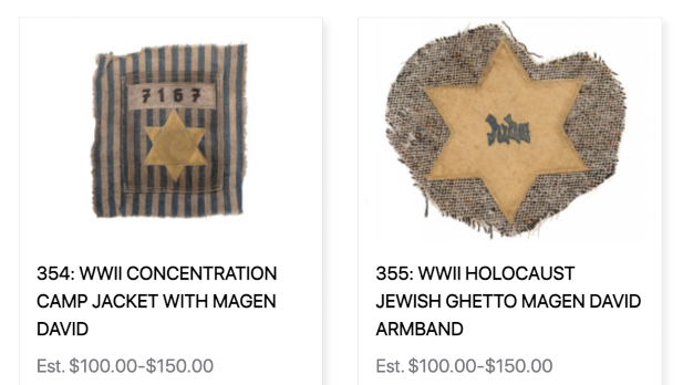 "סרט זרוע יהודי. עיצוב יוצא דופן". טלאים צהובים מועמדים למכירה פומבית. (מתוך אתר בית המכירות Antique Arena ) פריטים מתקופת השואה מוצעים למכירה פומבית