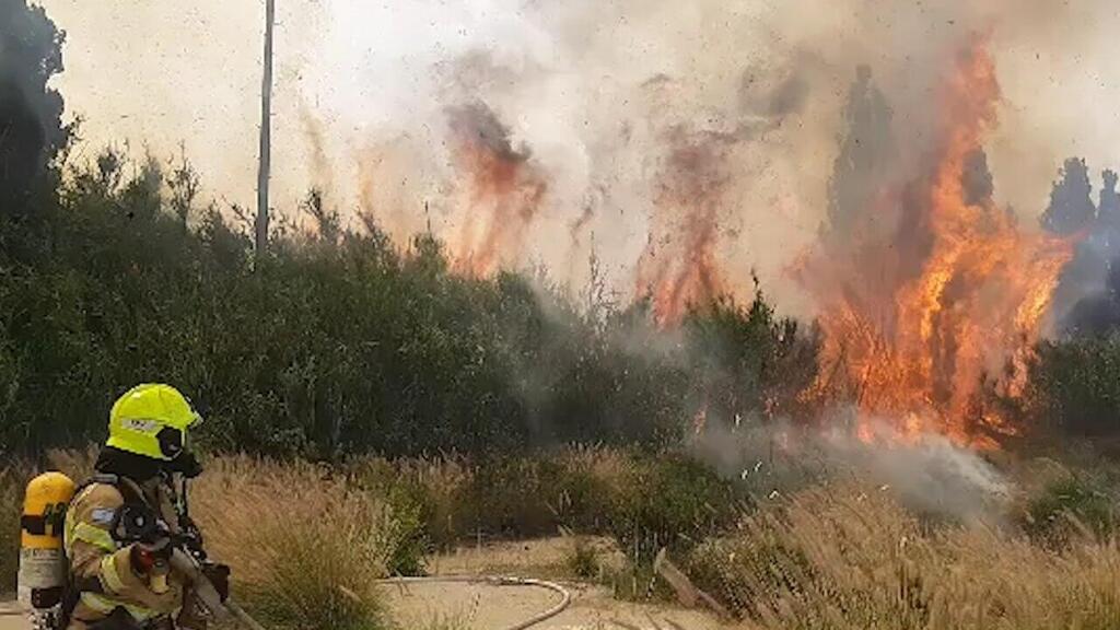 צילום: דוברות כבאות והצלה ואריאל שריפת חורש ליד צומת סגולה פתח תקווה