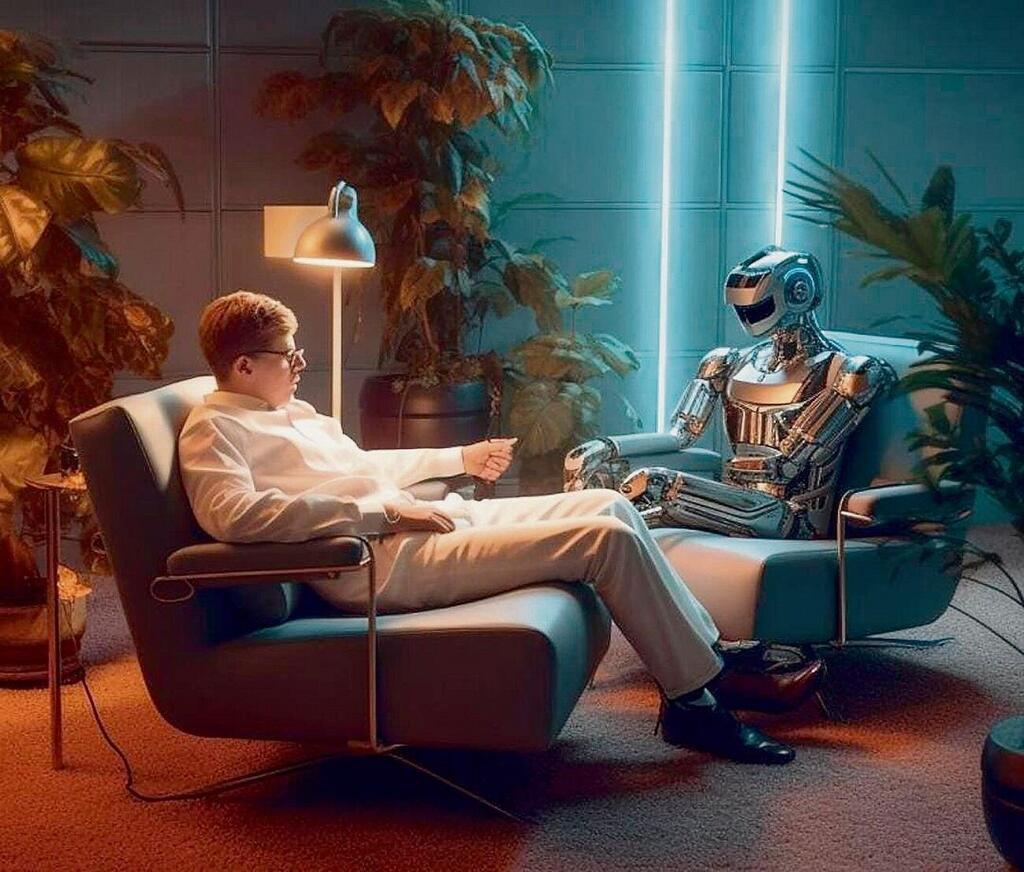 תמונה שנוצרה במערכת מידג'רני לפי המילים: אדם שוכב על ספה במהלך טיפול פסיכולוגי מתוכנת בינה מלאכותית