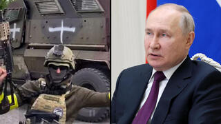 צילום מסך מסרטון שפורסם בערוץ הטלגרם של ארגון מורדים רוסי רוסיה בשם חיל המתנדבים הרוסי ובו נראה לכאורה חמוש לצד אדם שמפעיל משוריין במחוז בלגורוד אליו פלשו המורדים