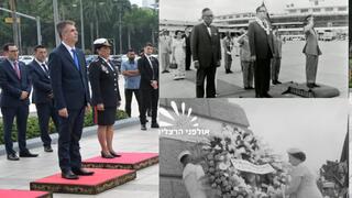 אלי כהן באנדרטת הגיבור הלאומי בפיליפינים לצד תמונתיהם של גולדה מאיר ואבא אבן במקום
