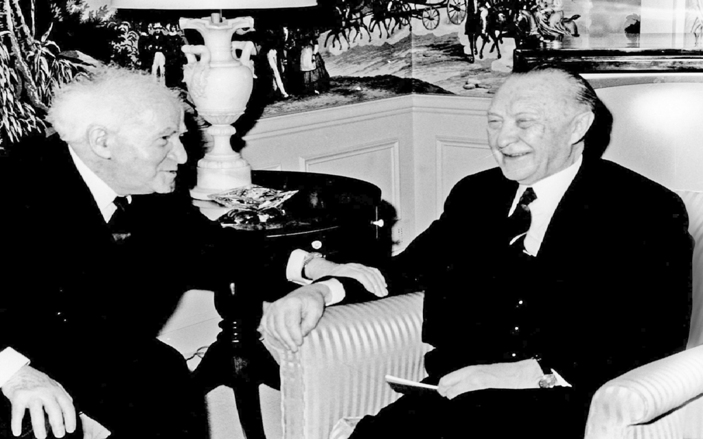ראש הממשלה דוד בן גוריון עם הקנצלר קונראד אדנאואר בפגישה ב־1960