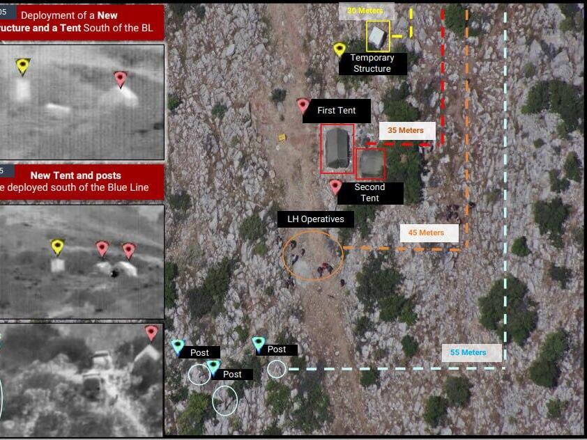 The location of the tents beyond the 'Blue Line' פעיל חיזבאללה נצפה באוהל של הארגון בצד הישראלי של הגבול עם לבנון, באזור הר דב