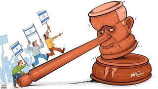 קריקטורה "חידוש המחאות בישראל נגד הרפורמה במערכת המשפט"