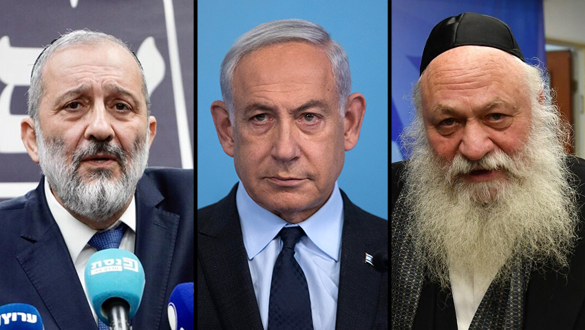 גולדקנופף, נתניהו ודרעי. האשמות נגד רה"מ על כך שסכסך בין החרדים לבין עצמם (צילום:יואב דודקביץ', אלכס קולומויסקי, שלו שלום ) נתניהו בהצהרה לתקשורת