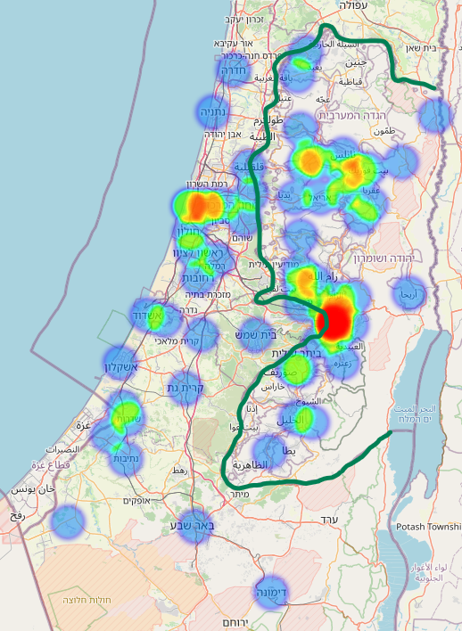 מפת פיגועים מאז ההתנתקות (לפי נתוני "בצלם") מפת חום טרור פיגועים פיגוע מאז ההתנתקות