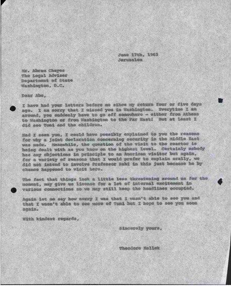 תשובתו של טדי קולק מיום 17.6.1963 למכתבו של אברם (אייב) צ'ייס מיום 21.5.1963
