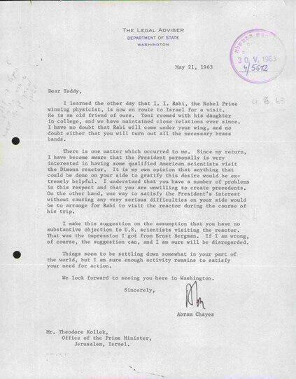 המכתב שכתב אברם (אייב) צ'ייס לטדי קולק ב-21.5.1963