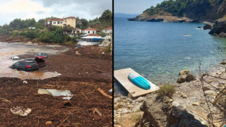 החוף בכפר היווני: מימין לפני הסופה ומשמאל אחרי