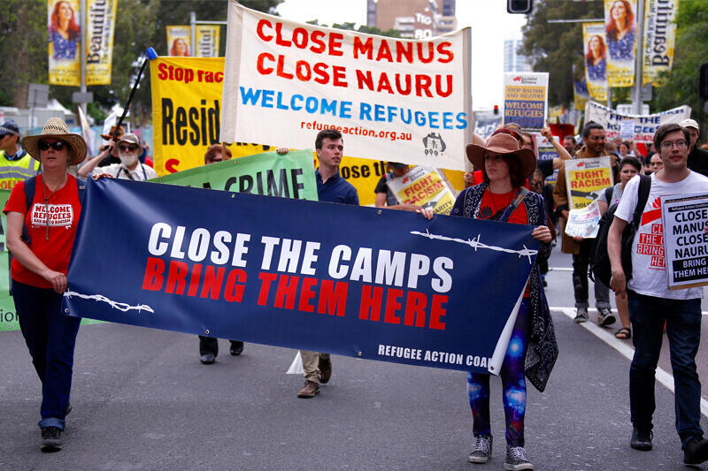 A demonstration in Sydney against the incarceration of refugees in detention facilities on Nauru and Manus Island, in 2017 