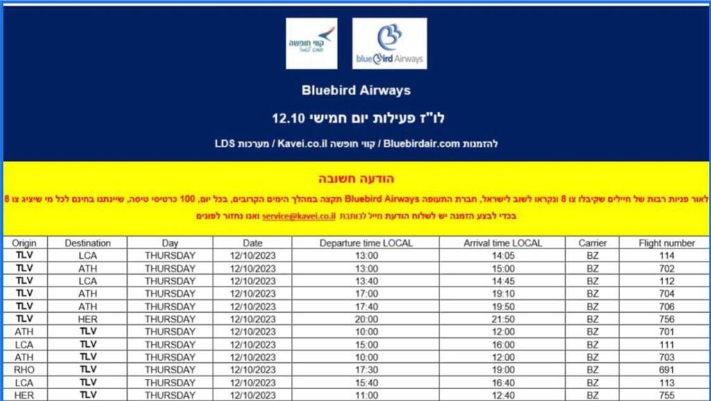 לוח הטיסות של חברת בלו בירד 