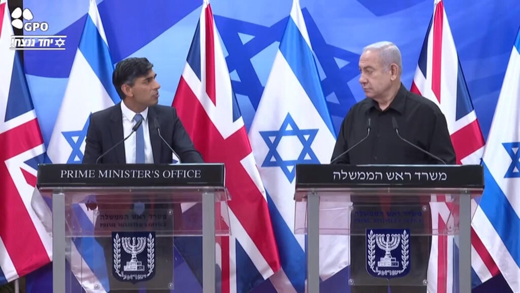 British Prime Minister RIshi Sunak and Prime Minister Benjamin Netanyahu in statements following their meeting on Thursday (Photo: GPO) הצהרת נתניהו ורישי