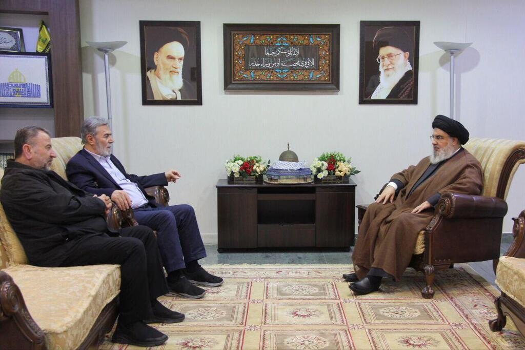 Hezbollah chief Hassan Nasrallah meets PIJ leader Ziyad al-Nakhalah and Hamas politburo head Saleh al-Arouri  in Beirut 