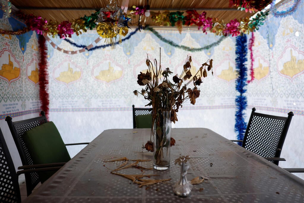 A sukkah in Kibbutz Kissufim (Photo: REUTERS/Evelyn Hockstein) פרחים מתים בתוך סוכה בקיבוץ כיסופים, שנשארו שם מסוכות