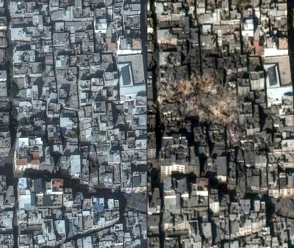 ג'באליה - לפני (משמאל) ואחרי (מימין) ( צילום: "AFP PHOTO / Satellite image ©2023 Maxar Technologies) מחנה הפליטים ג'באליה
