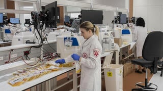 Staff work at Magen David Adom's Marcus National Blood Services Center, in Ramla, Israel, Oct. 29, 2023 