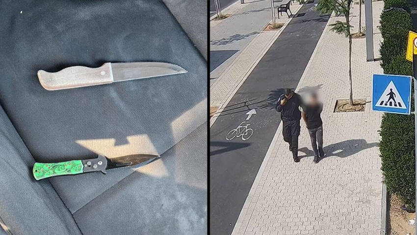 מעצר הנערים, והסכינים שנמצאו אצלם (צילום: דוברות המשטרה) משטרת ישראל עצרה שני חשודים וסיכלה פיגוע דקירה סמוך לתחנת רכבת סבידור בתל אביב