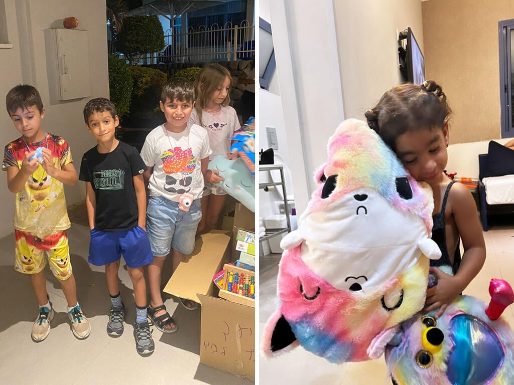 חלוקת צעצועים לילדים שפונו מהבית (צילום: ליעד יוסף) החמ"ל של ליעד בביתו - בגדים, ציוד צבאי, צעצועים, מוצרי חשמל ועוד