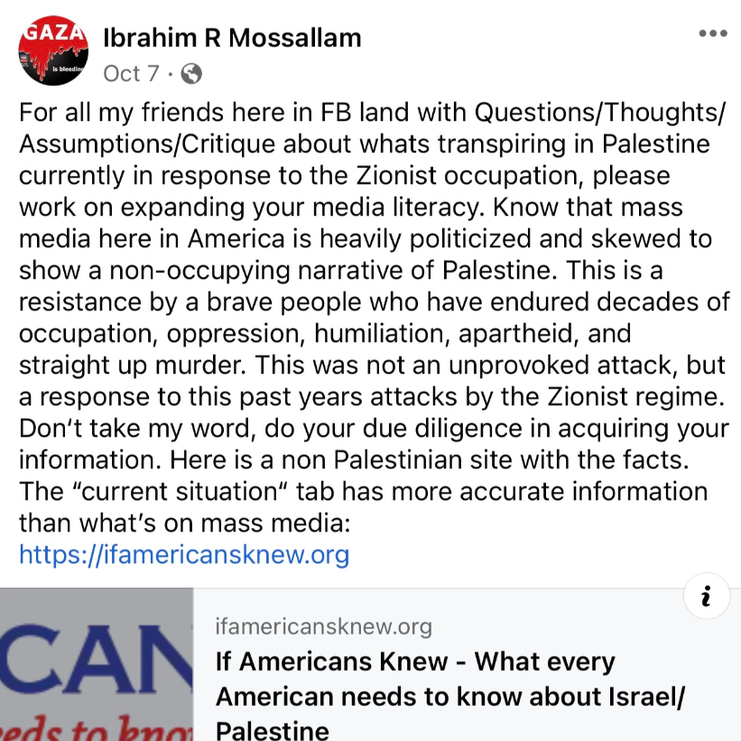 פוסט התמיכה בחמאס שפרסם טייס יונייטד איירליינס ב-7 באוקטובר