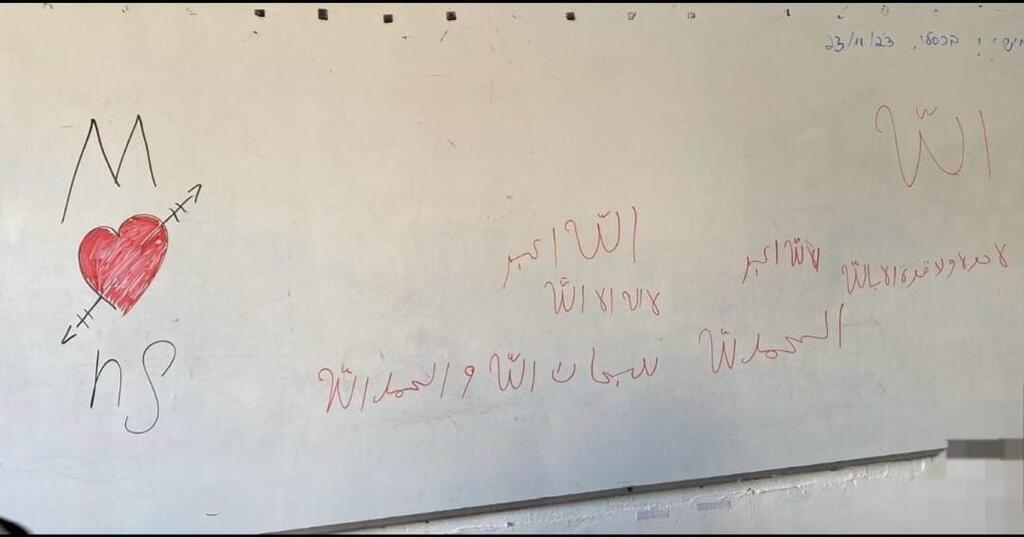 הכתובות בערבית על לוח בכיתה בבית הספר איתמר בנתניה (צילום: מתוך הרשתות החברתיות) הכתובות בערבית על לוח בכיתה בבית הספר איתמר בנתניה