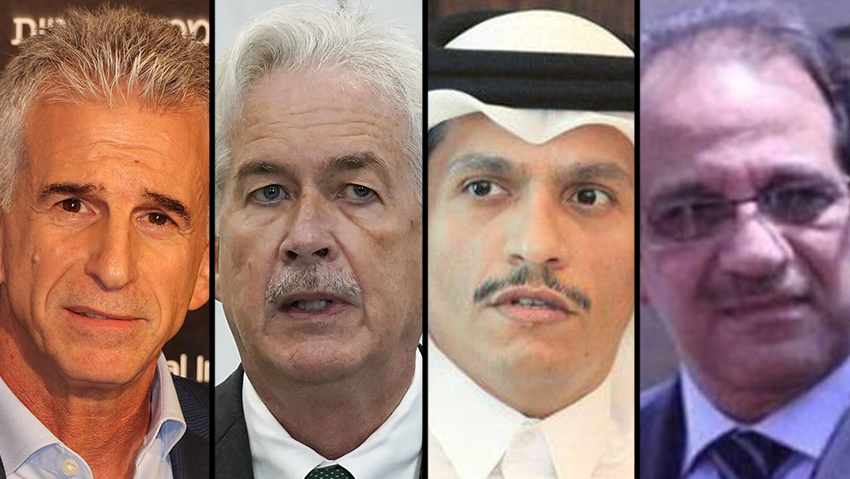 Mossad Director David Barnea, CIA Director William Burns, Qatari PM Mohammed al-Thani and Egyptian spy chief Abas Kamel (Photo: Yariv Katz, AP) עבאס כמאל, מוחמד א-תאני, ווילאם ברנס, דוד ברנע,