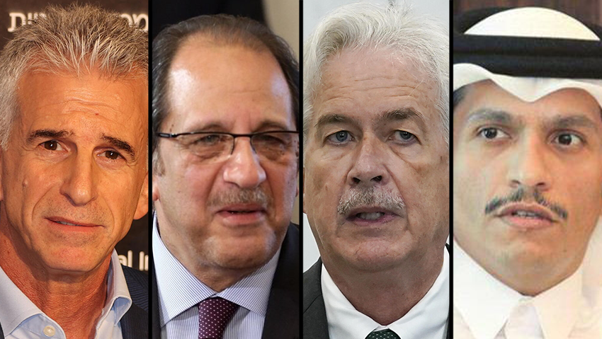 David Barnea, William Burns, Mohammed bin Abdulrahman Al-Thani, Abbas Kamel (Photo: Yariv Katz, AP, EPA) עבאס כמאל, מוחמד א-תאני, ווילאם ברנס, דוד ברנע,
