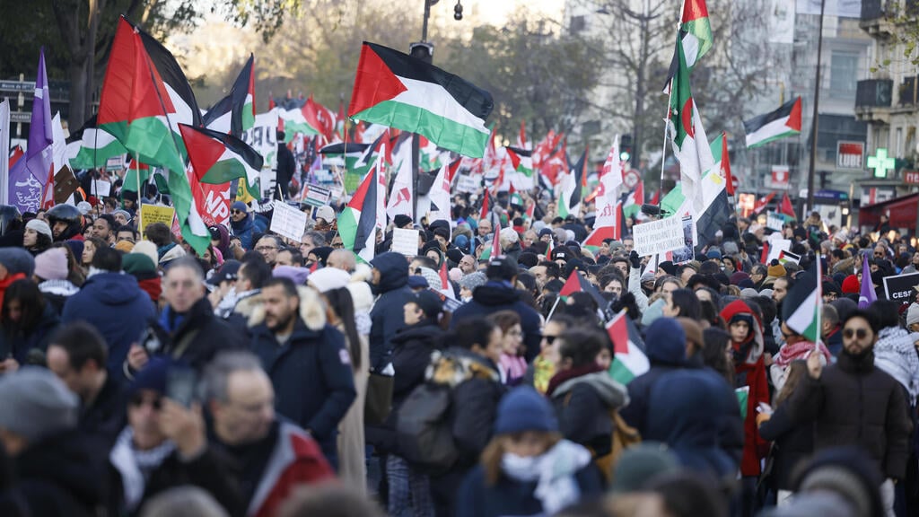 Pro-Palestinian rally in France (Photo: AP /Thomas Padilla) פריז, צרפת, הפגנה פרו פלסטינית נגד ישראל חרבות ברזל