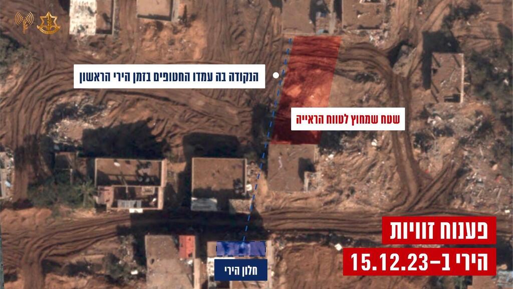 בין חלון הירי לחטופים - עץ ושני מבנים (צילום: דובר צה"ל) צילום אווירי של המרחב בו בוצע הירי