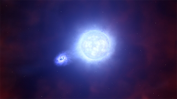אחרי הסופרנובה נותרו במערכת הכפולה כוכב רגיל (מימין) ועצם קומפקטי שממשיכים לחוג זה סביב זה. כך זה נראה בעיני אמן | הדמיה: ESO/L. Calçada