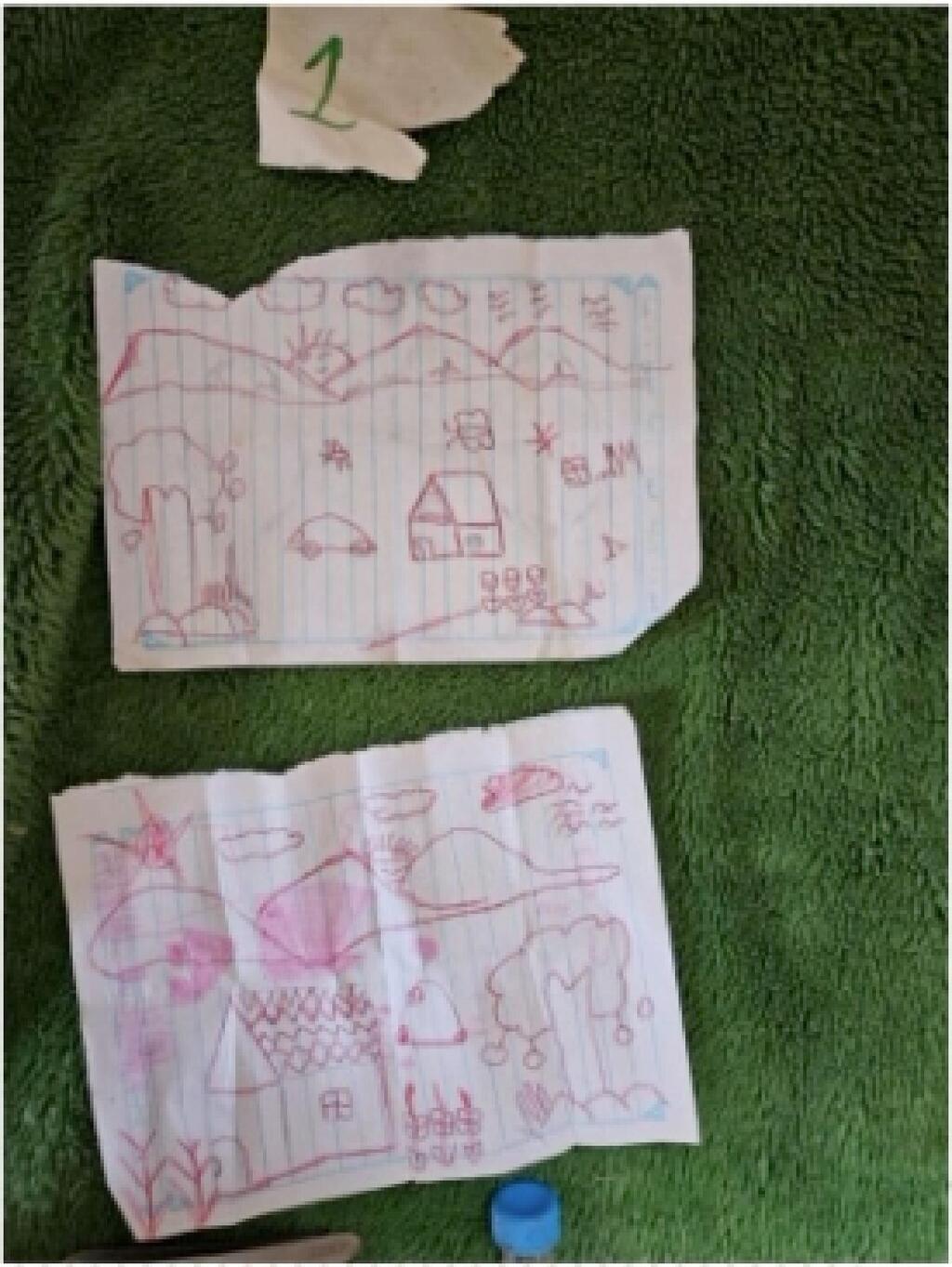הציורים של אמיליה אלוני (צילום: דובר צה"ל) ציורים שנמצאו במנהרה בה הוחזקו חטופים ברצועת עזה