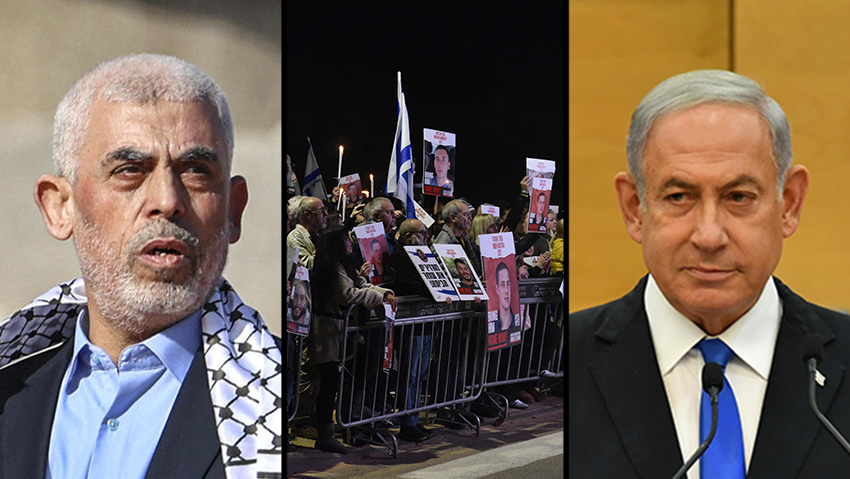 צילום: עידו ארז, שרון צור, אלי מנדלבאום יחיא סינוואר, הפגנה מול בית ראש הממשלה בקיסריה, ביבי בינימין נתניהו