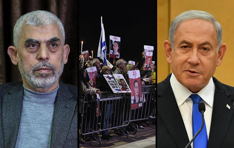 Hamas leader in Gaza Yahya Sinwar and Prime Minister Benjamin Netanyahu (Photo: EPA, Eli Mandelbaum, Sharon Tzur) בינימין נתניהו, הפגנה מול בית ראש הממשלה בקיסריה, יחיא סינוואר