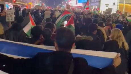 איזי קרטן מניף דגל ישראל מול משתתפים בהפגנה פרו-פלסטינית בניו יורק