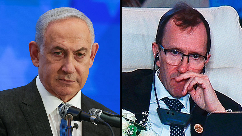 Benjamin Netanyahu and Norway's Foreign Minister Espen Barth Eide (Photo: Ronen Zvulun/Reuters, Khaled Desoukie / AFP) אספן בארת איידה, בינימין נתניהו