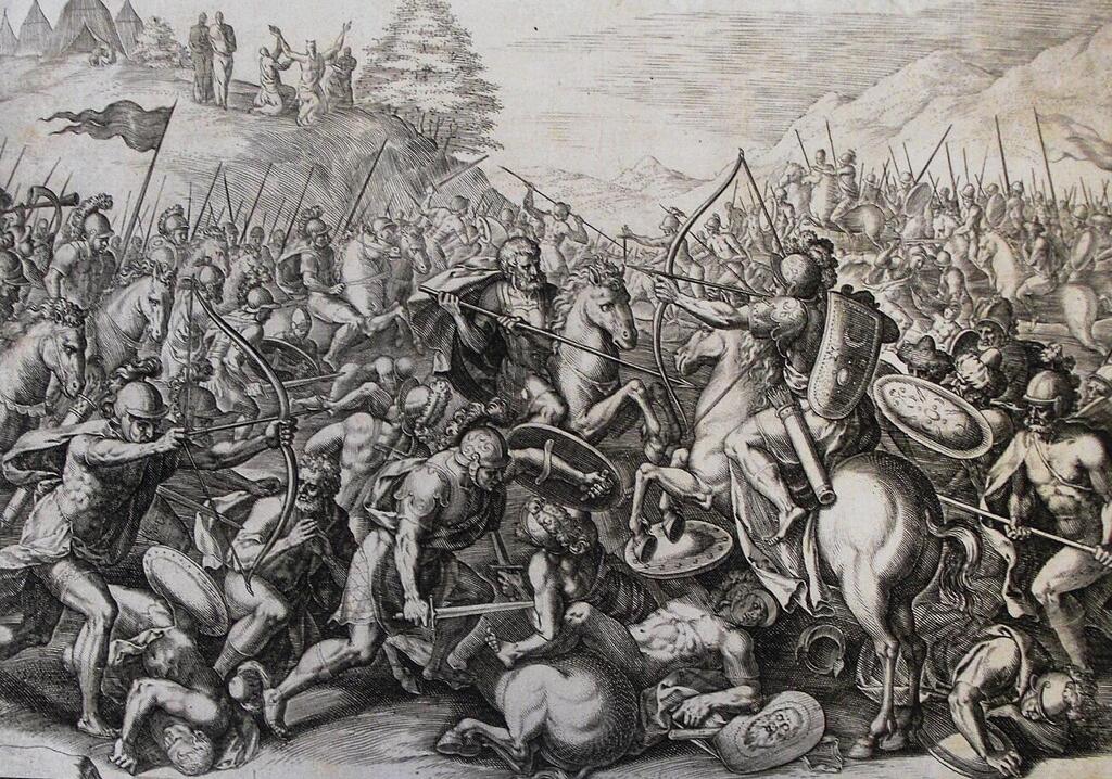 הקרב מול עמלק ברפידים (איור: Philip De Vere, ויקיפדיה) הקרב מול עמלק ברפידים