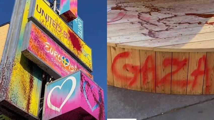 Pro-Palestinian graffiti in Malmo (Photo: Screengrab) גרפיטי פרו-פלסטיני על כרזות האירוויזיון במאלמו