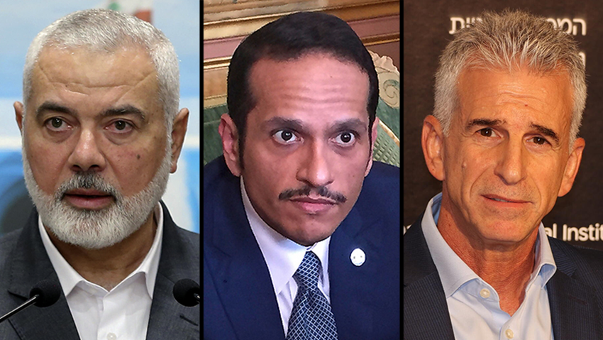 Hamas politburo chief Ismail Haniyeh, Qatari Prime Minister Mohammed Al Thani and Mossad Director David Barnea (Photo: AP, Yariv Katz) דוד דדי ברנע, מוחמד אל-ת'אני, אסמאעיל הנייה
