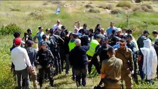 כוחות משטרה עוקרים את העצים ששתלו המתנחלים סמוך לנוקדים