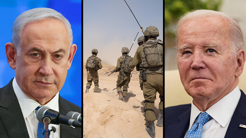 U.S President Joe Biden; Israeli soldiers in Gaza; Prime Minister Benjamin Netanyahu (Photos: REUTERS/Elizabeth Frantz, דובר צה"ל, REUTERS/Ronen Zvulun) ג'ו ביידן, חיילים בעזה, בינימין נתניהו