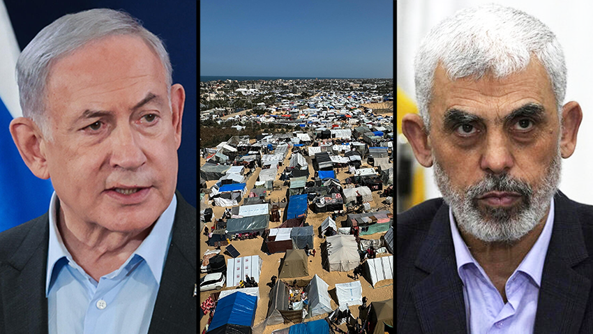 מנהיג חמאס בעזה סינוואר, אוהלים ברפיח, וראש הממשלה נתניהו (צילום: REUTERS/ Bassam Masoud ,AP, מארק ישראל סלם) יחיא סינוואר, אוהלים ברפיח, בנימין נתניהו