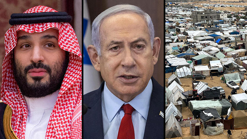 יורש העצר בן סלמאן, רה"מ נתניהו ואוהלים ברפיח. נורמליזציה עדיין על הפרק (צילום: REUTERS/Saleh Salem, עמית שאבי, Bandar Algaloud/Courtesy of Saudi Royal Court/Handout via REUTERS) בנימין נתניהו מוחמד בן סלמאן