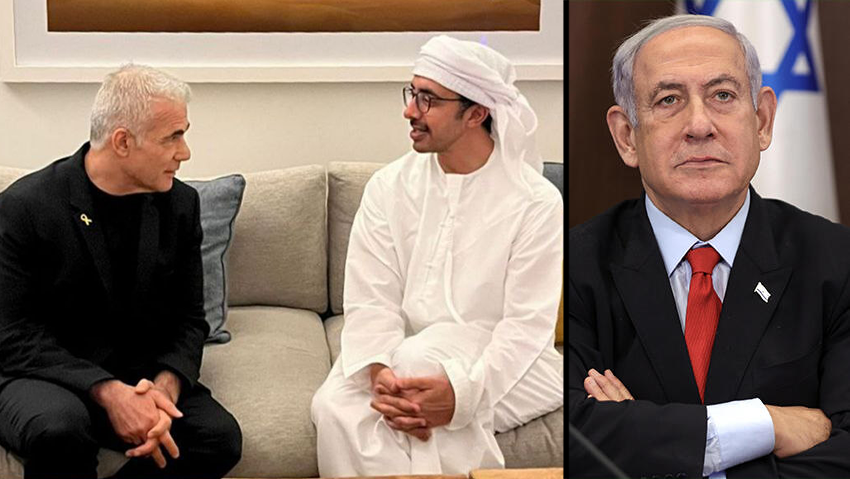 נתניהו טרם הוזמן. לפיד בפגישה עם בן זאיד (צילום: EPA/ABIR SULTAN) בינימין נתניהו, יאיר לפיד בפגישה עם שר החוץ האמירתי עבדאללה בן זאיד באיטליה